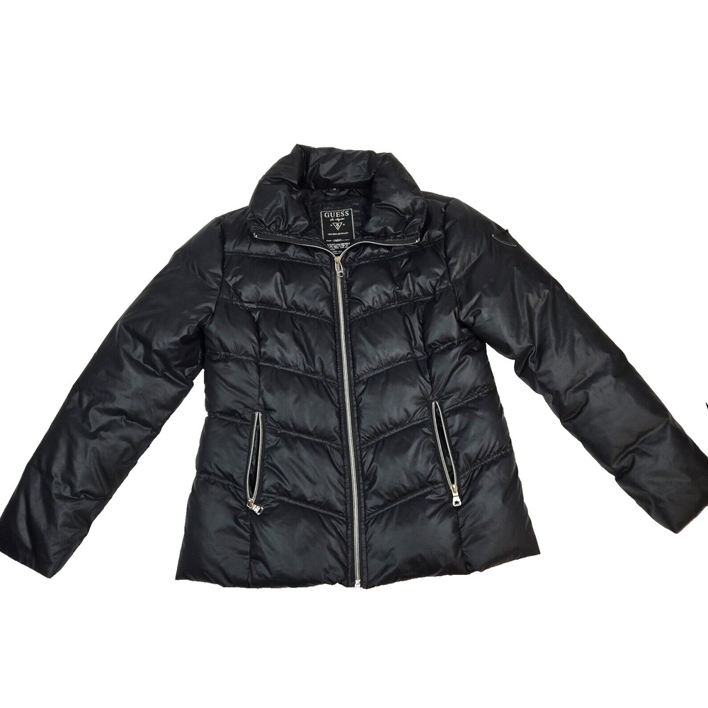 Guess Womens Black Long Sleeve Full Zip‎ Pockets Puffer Down Jacket Size Large